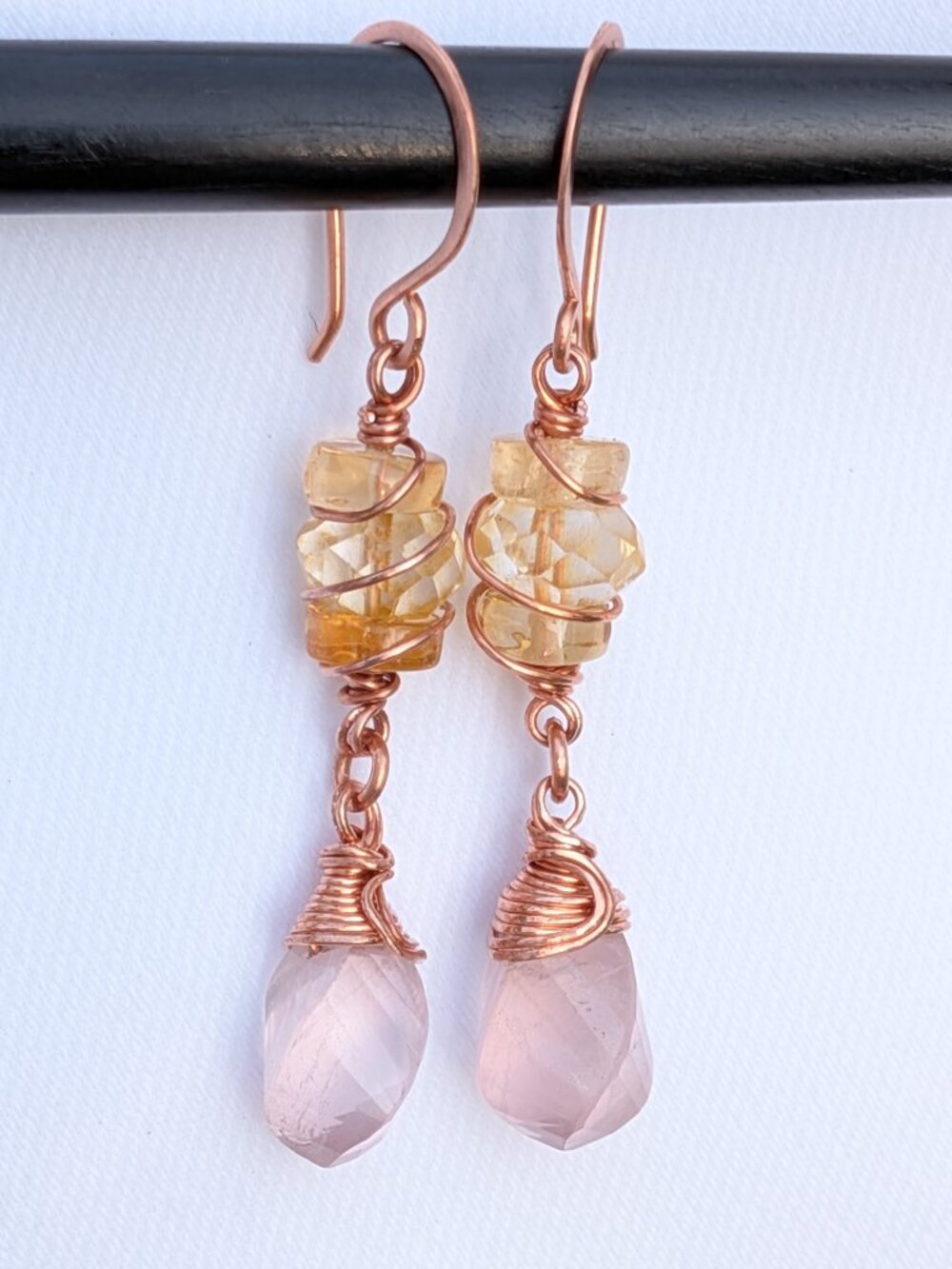 Citrine and Rose Quartz Gemstone Earrings in Copper Wire Wrap